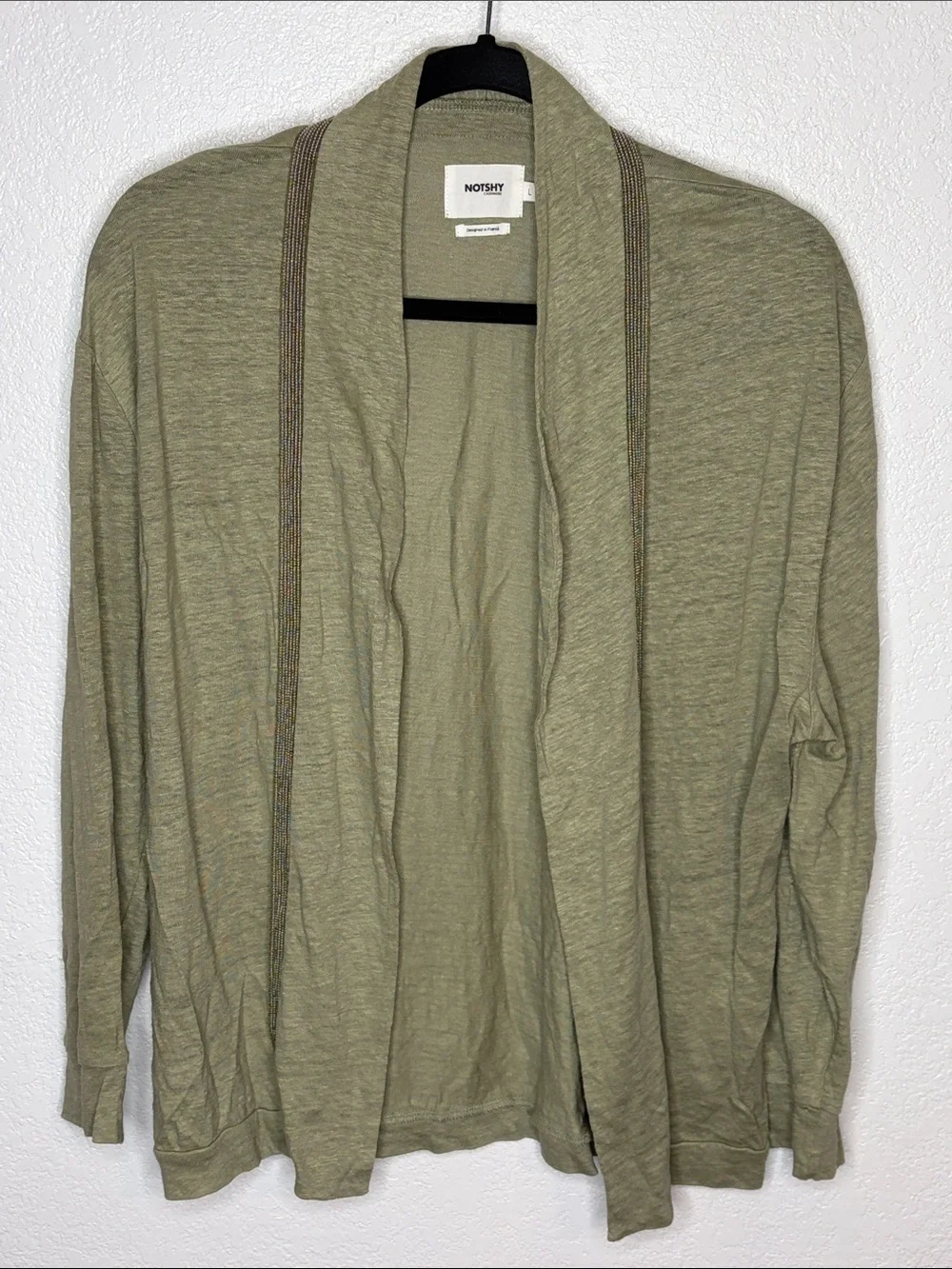 Notshy Cashmere Green Beaded Linen Open Front Cardigan Size Large